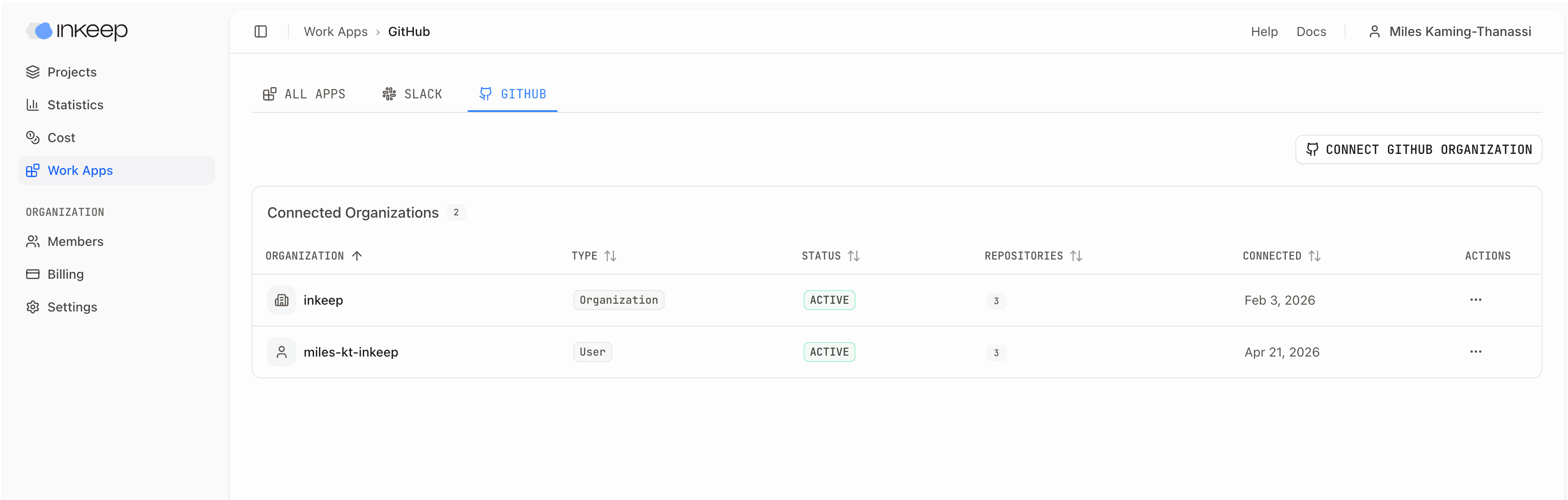GitHub Work App page with connected organizations and Connect GitHub Organization button